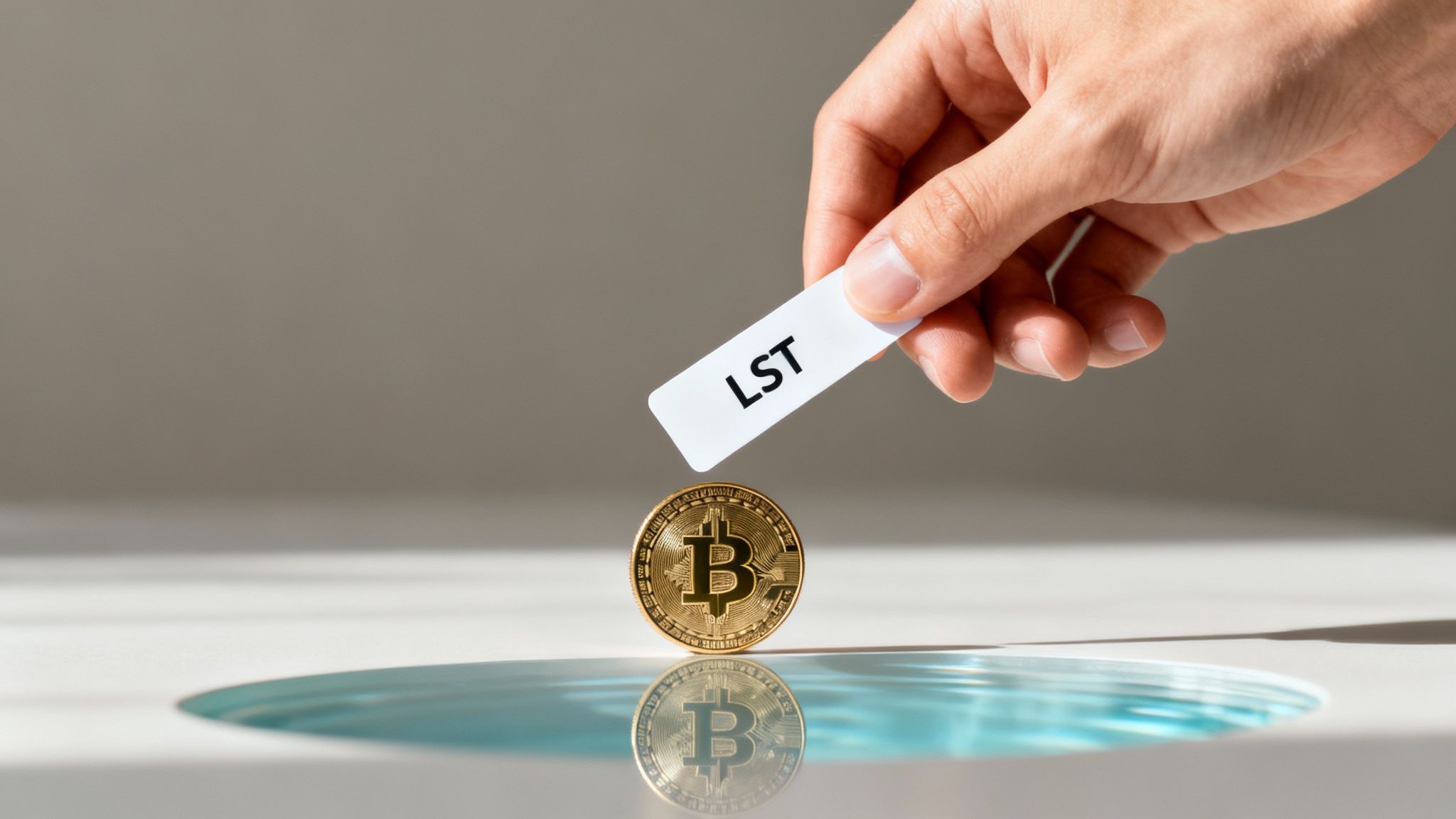 Hand places 'LST' label above a gold Bitcoin reflecting in a clear blue liquid.