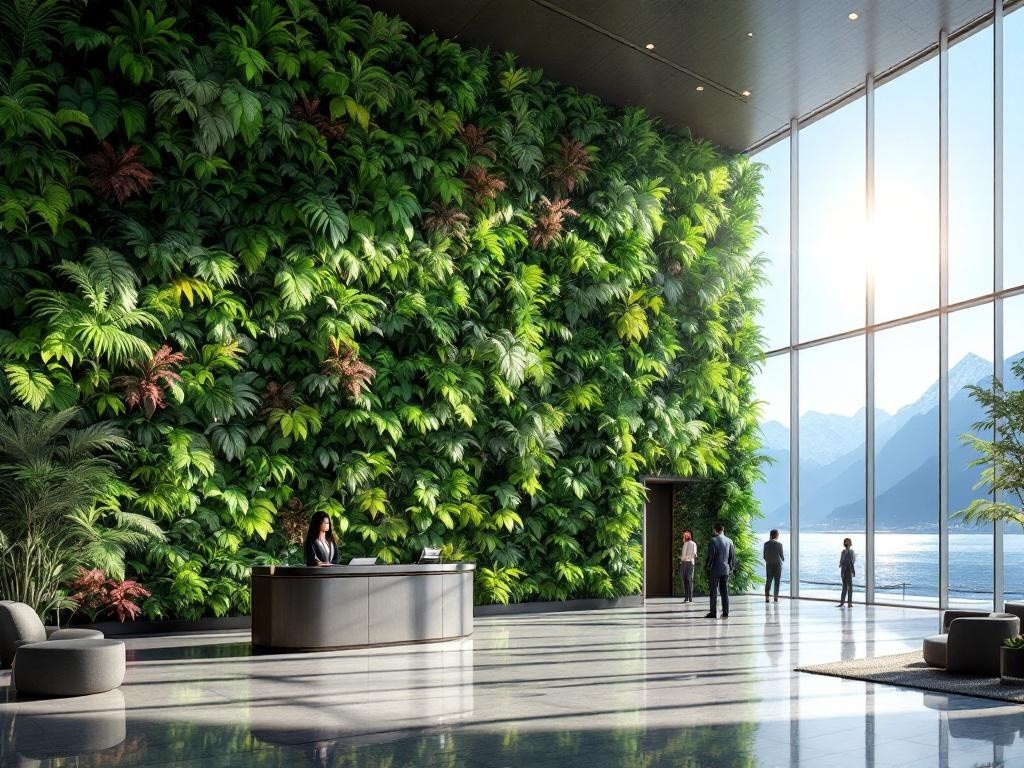 A modern building lobby with a large green wall and floor to ceiling windows overlooking a lake and mountains.