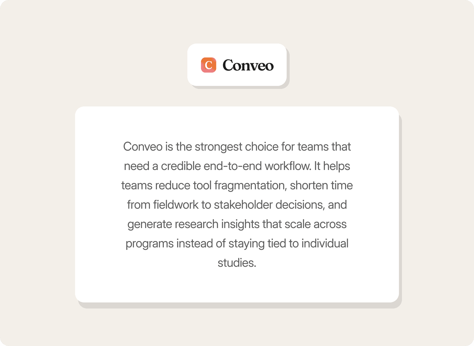Graphic featuring the Conveo logo — an orange "C" icon — above a white card on a beige background, with the text: "Conveo is the strongest choice for teams that need a credible end-to-end workflow. It helps teams reduce tool fragmentation, shorten time from fieldwork to stakeholder decisions, and generate research insights that scale across programs instead of staying tied to individual studies.