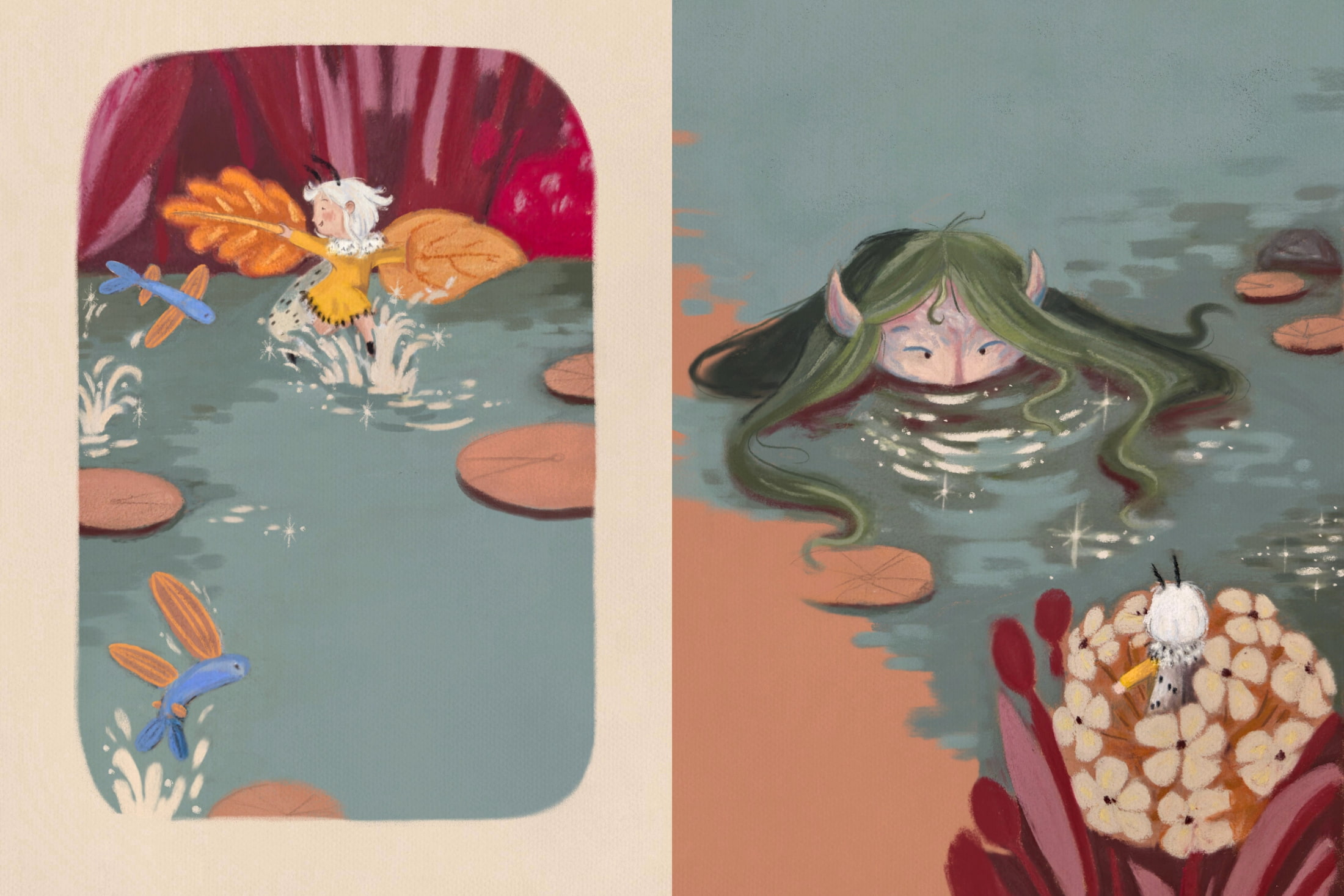 A moth fairy playing in the water with two fish, then hiding inside a flower while a mermaid approaches her.