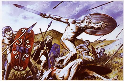 Ímpetu del guerrero celta en reconstrucción artística de la batalla de Telamón. 