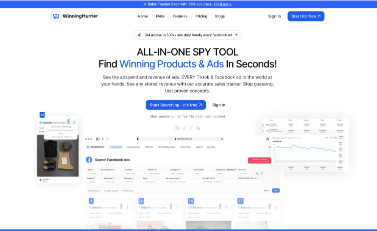 WinningHunter spy tool dashboard with product and ad analytics