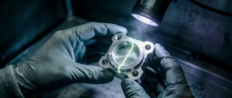 Fluorescent penetrant inspection under UV-A light on machined aluminium component