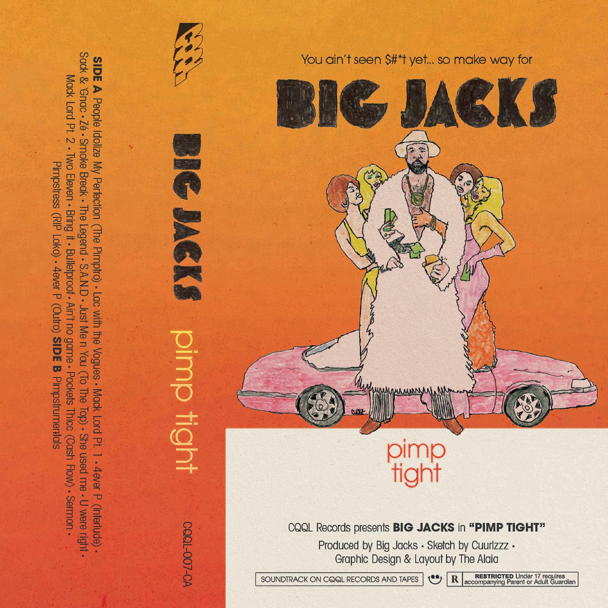 Album cover for 'Pimp Tight' by Big Jacks with a stylized illustration of a man on a pink car.