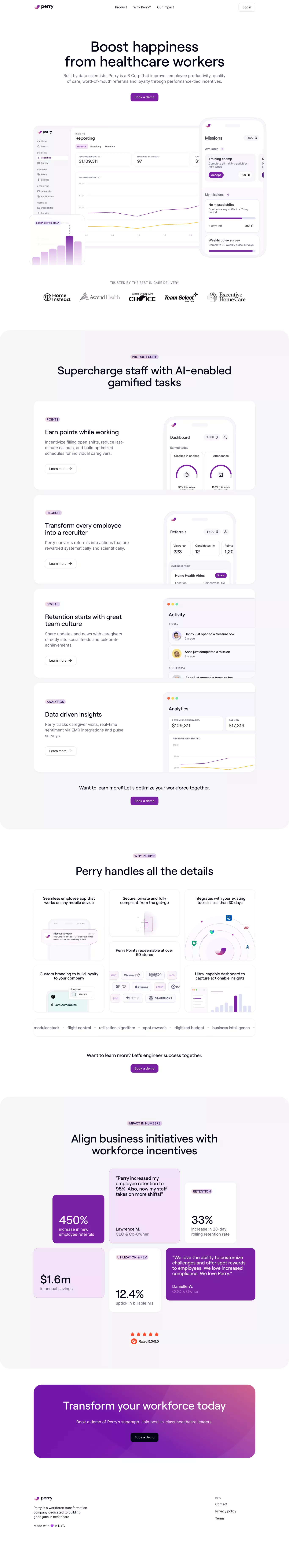 Perry: Boost utilization from healthcare landing page screenshot showcasing HR and Tech design