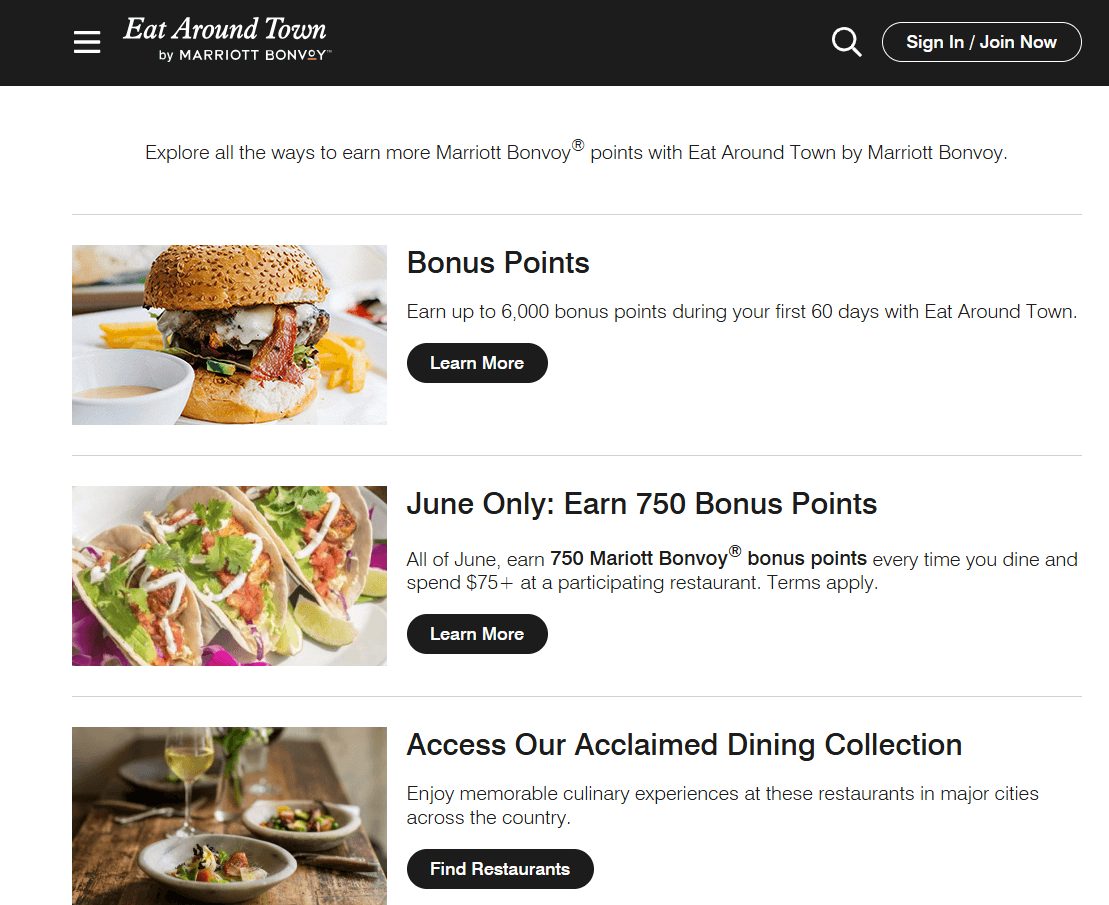 Marriott Bonvoy "Eat Around Town" dining-focused loyalty extension: three featured offers — Bonus Points (earn up to 6,000 bonus points during first 60 days), June Only seasonal promotion (earn 750 Marriott Bonvoy bonus points when dining and spending $75+ at participating restaurants), and Access Our Acclaimed Dining Collection (memorable culinary experiences at restaurants in major cities nationwide) — illustrating how Marriott extends its loyalty earning ecosystem into the dining vertical through limited-time promotions and curated restaurant partnerships