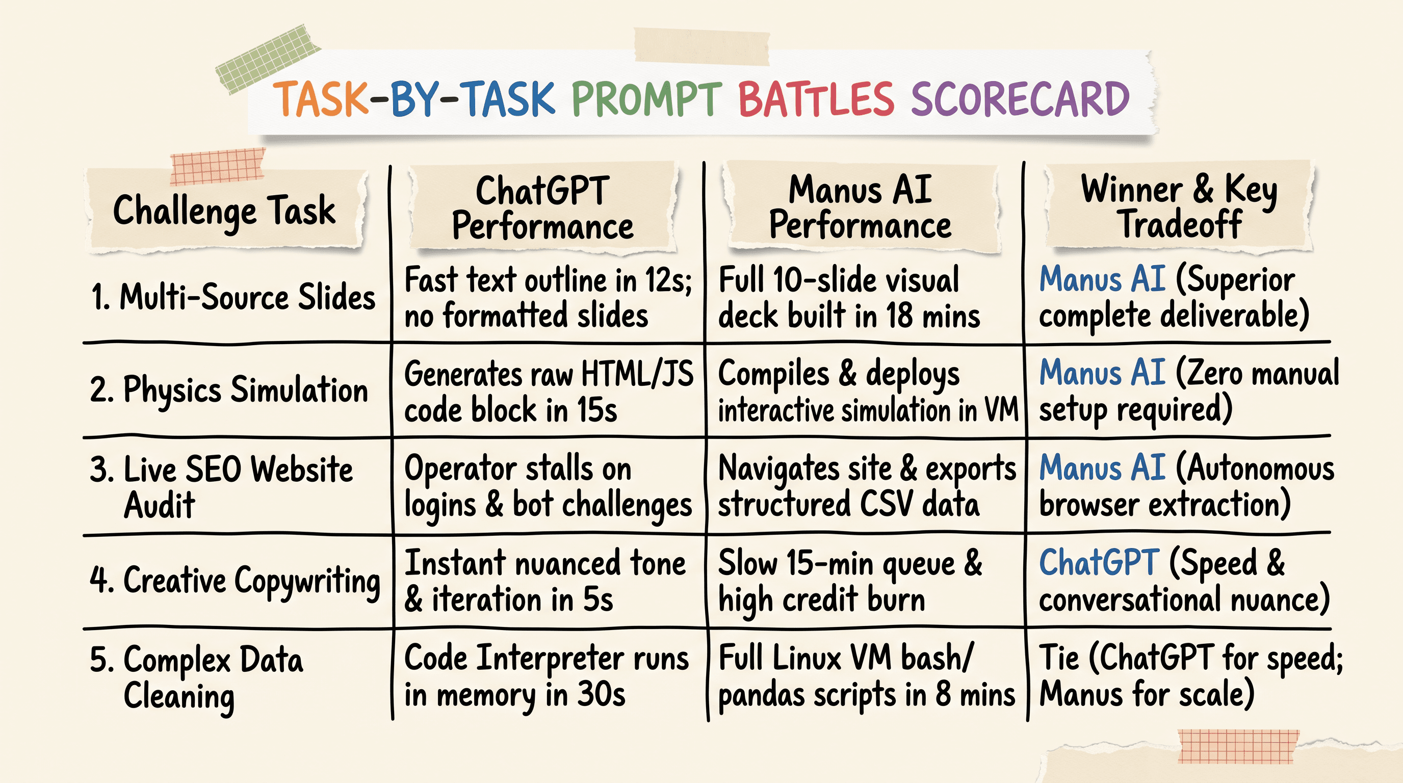 Task battle scorecard comparing Manus AI and ChatGPT speed output quality and success rates across 5 challenges