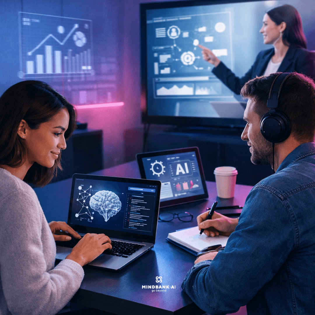 Entrepreneurs using artificial intelligence tools for data analysis, marketing insights, and business strategy in a modern workspace.