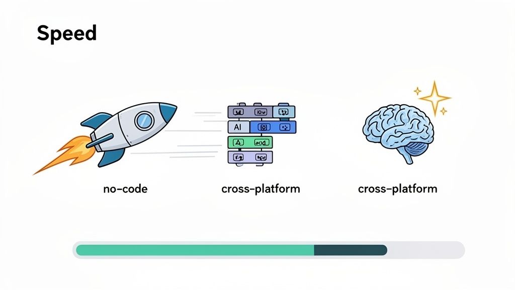 An illustration showing a rocket (no-code) moving quickly towards AI/cross-platform blocks and a sparkling brain, symbolizing fast app development speed.