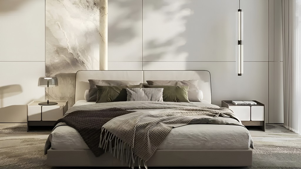 Modern bedroom design with a big window offering a picturesque view of the water, from Azizi Developments' Azizi Wasel.