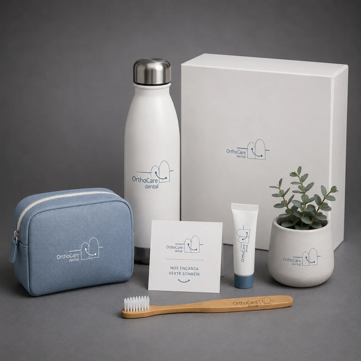 Pack de bienvenida wellness personalizado para empresas con neceser, botella térmica y accesorios eco