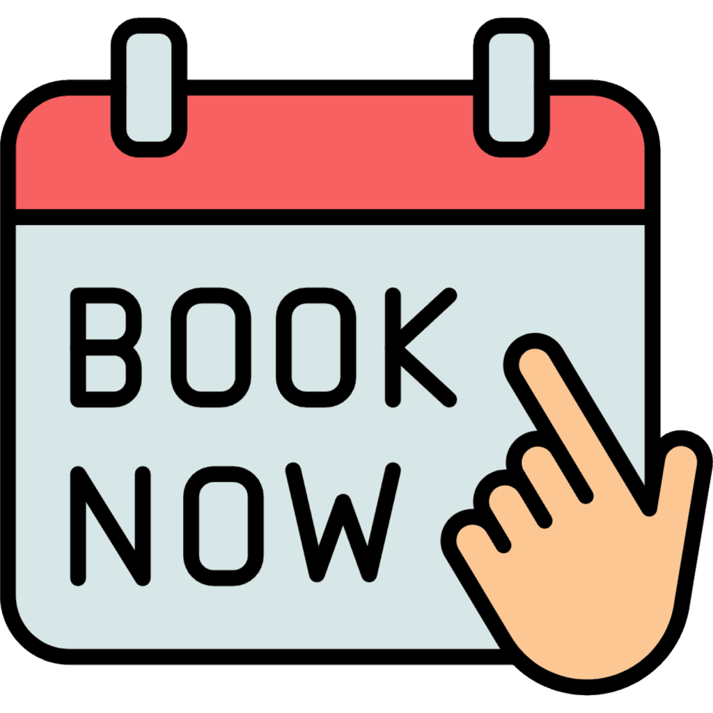 Calendar icon with 'BOOK NOW' text and a finger pointing, indicating an interactive online booking or reservation system.