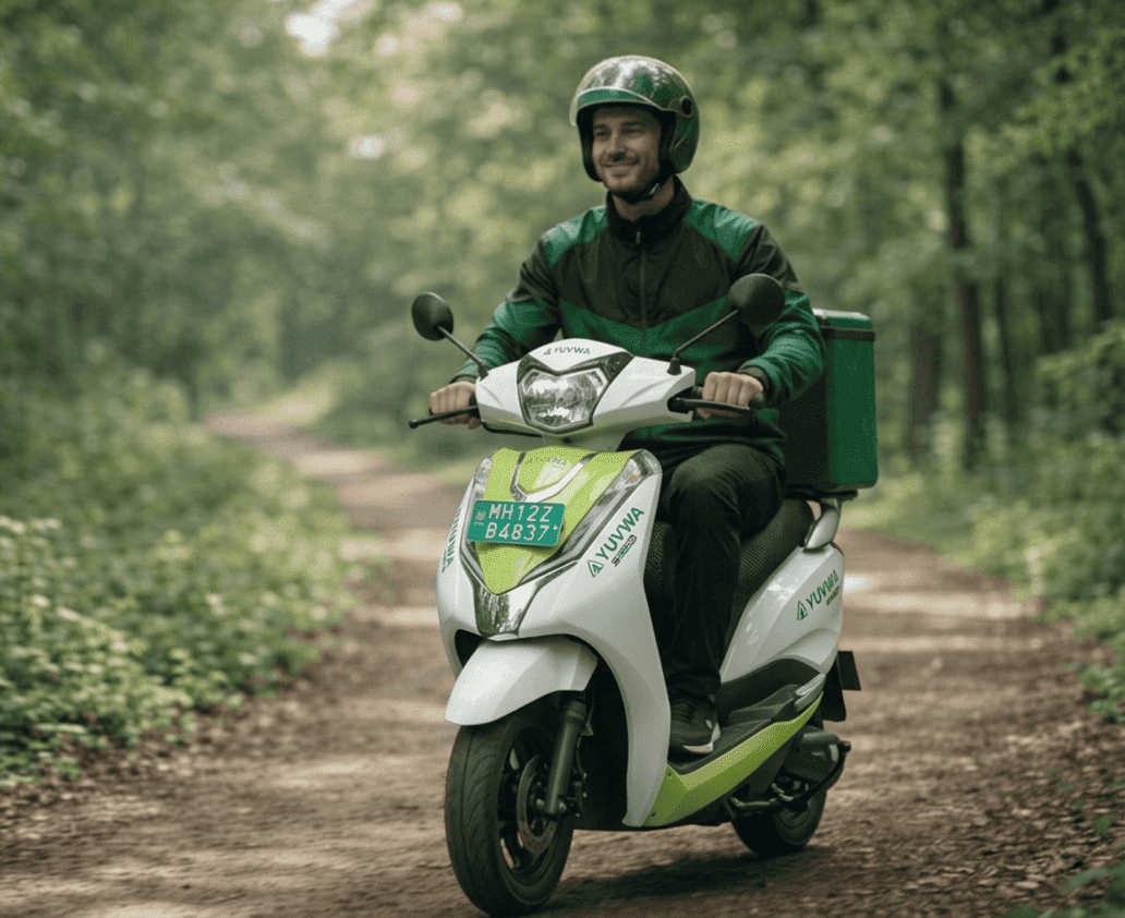 Yuvwaa Electric delivery rider on a green scooter, symbolizing eco-friendly transportation. 
