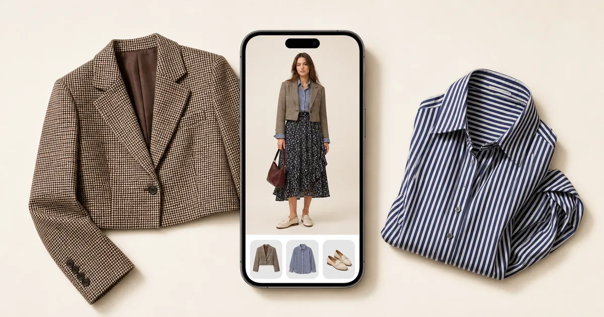Portrait phone previewing a cropped blazer beside two coordinated wardrobe pieces on a warm ivory background