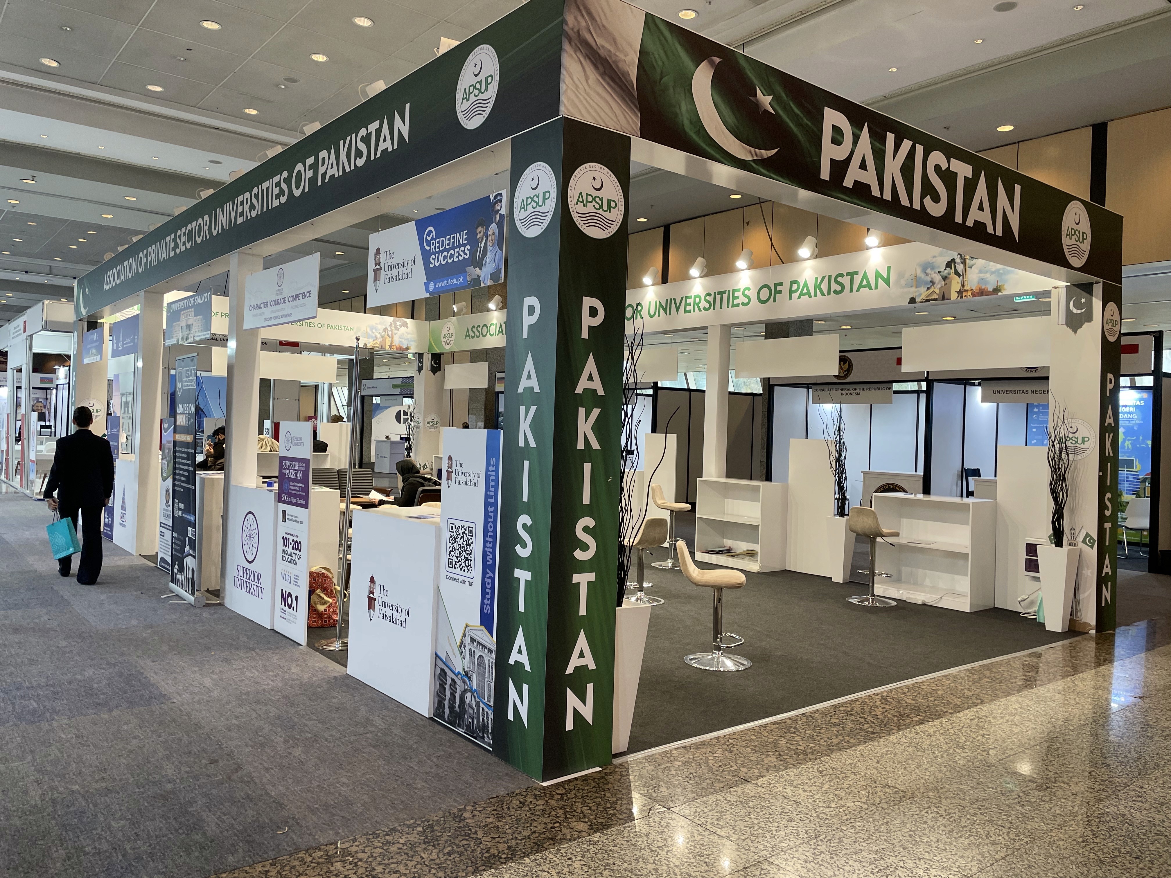 Wide view of the 72 sqm Pakistan Pavilion at EURIE Istanbul, showing the open island structure with university counters and shared areas.