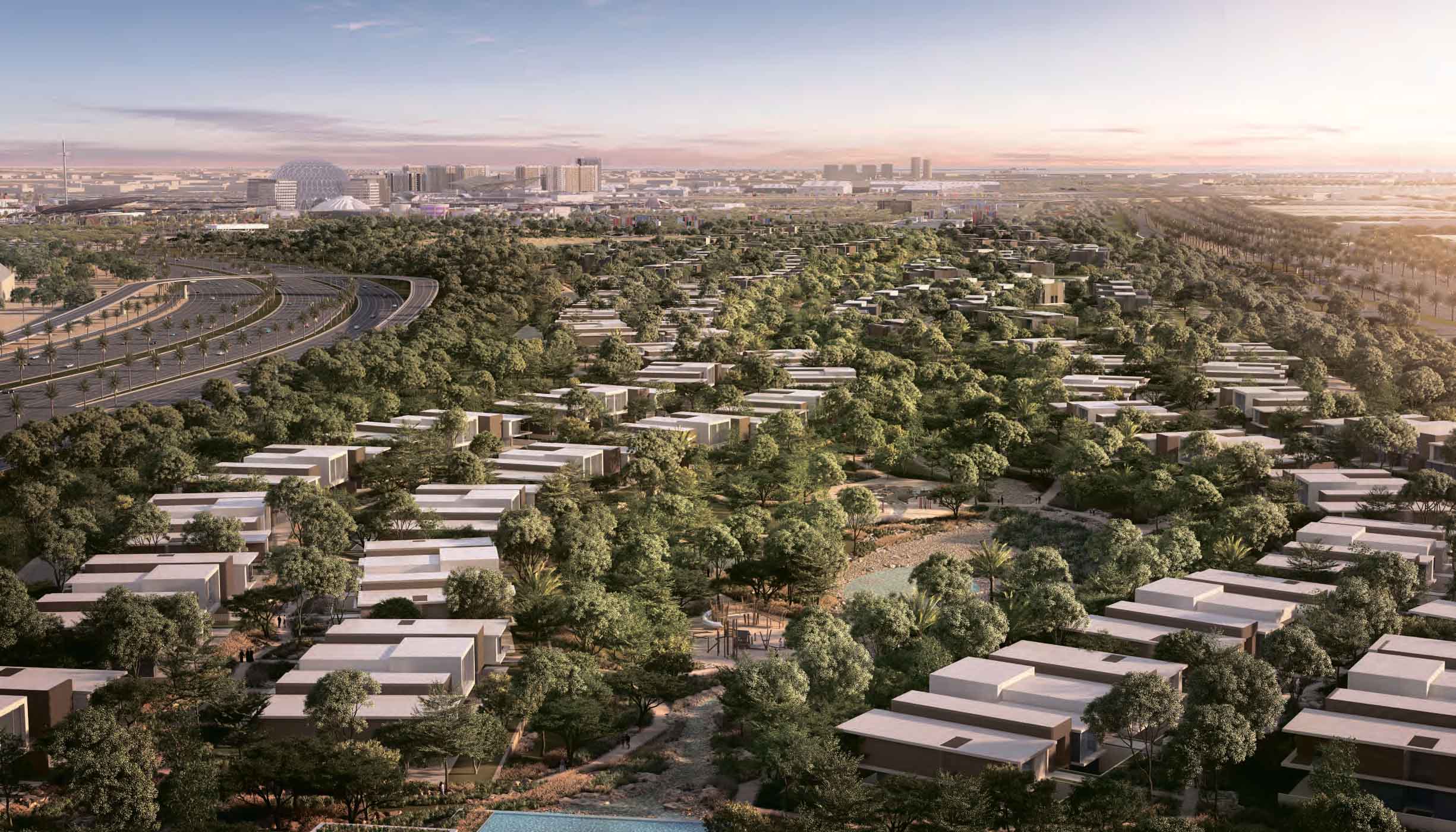 Dana Expo City rises in the desert, featuring modern buildings and infrastructure symbolizing a futuristic urban environment.