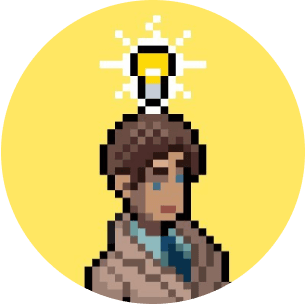 A pixel art character in a suit, appearing thoughtful with a glowing lightbulb symbol above the head, set against a bright yellow background.