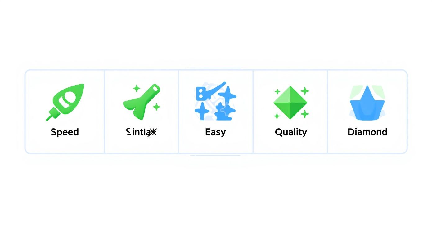 Five icons representing rendering features: speed rocket, sintax particle, easy carousel, quality diamond, and diamond basket