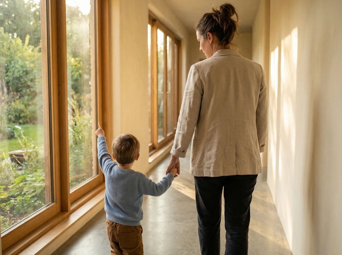 a mom walking down a hallway with her three-year-old kid. The kid is pointing outside of the window, showing the beautiful, healthy hallway, lime-rendered material, non-toxic environment to grow a family