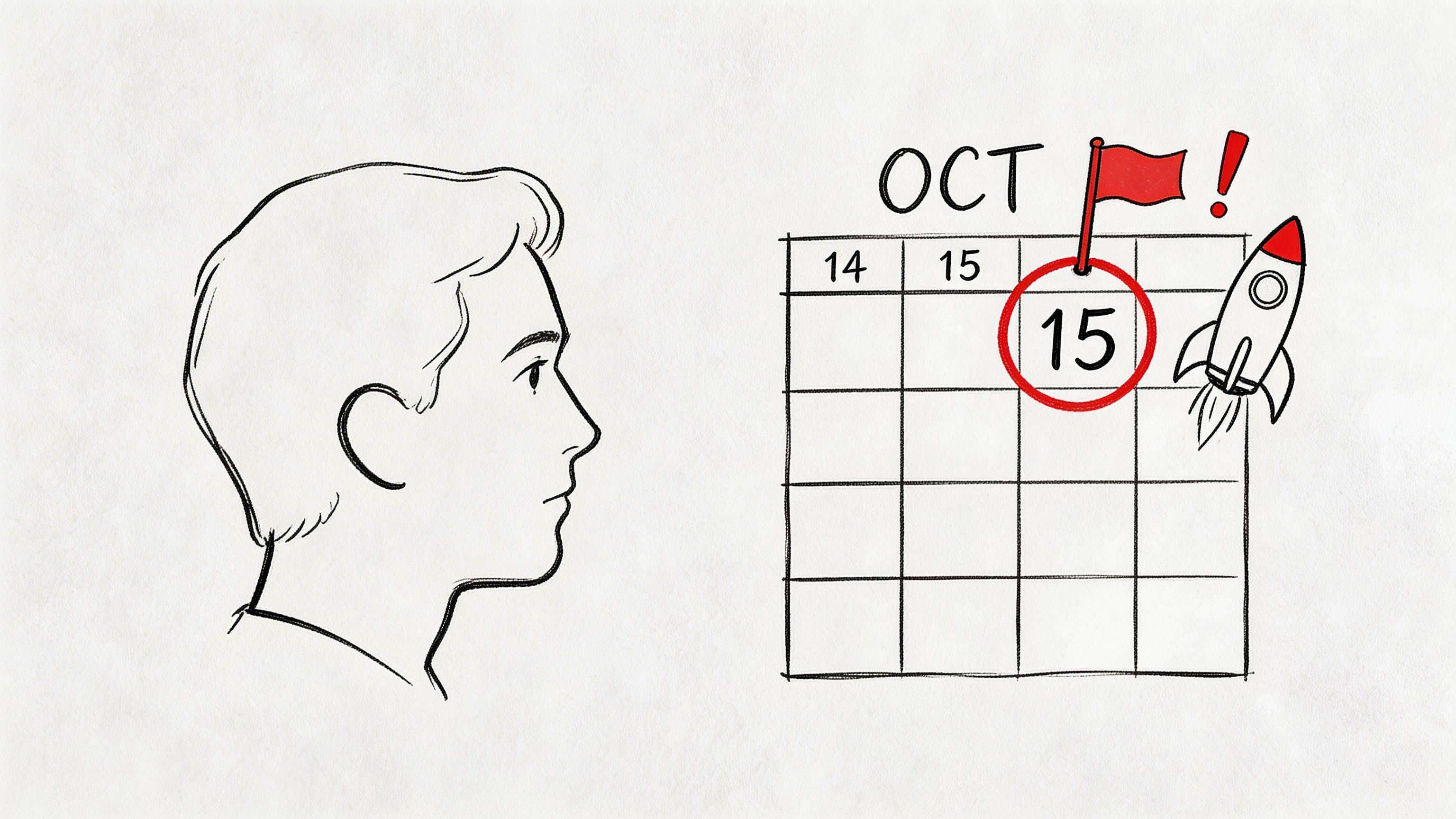 A hand-drawn illustration showing a man looking at a calendar marked with October 15 and a rocket ship.