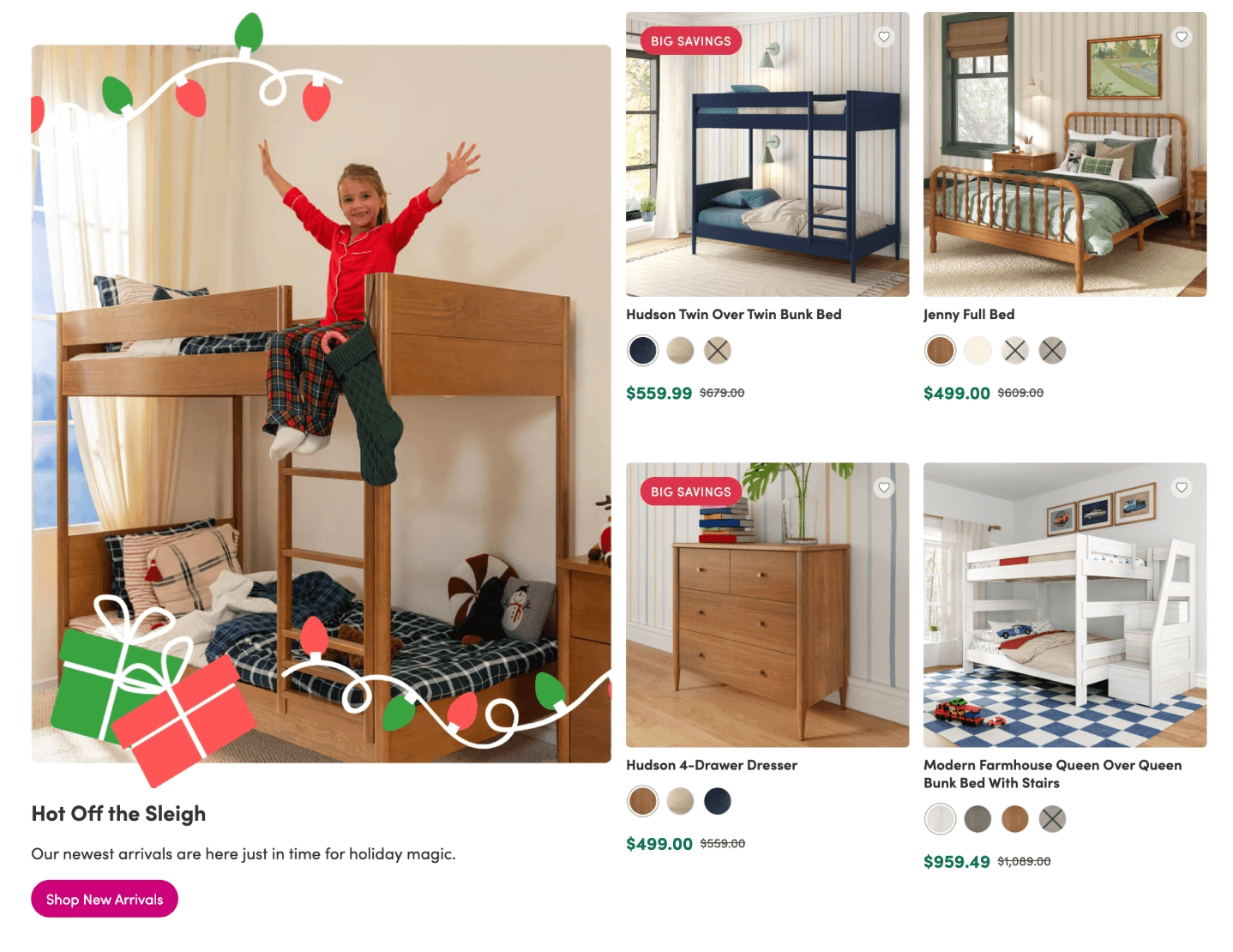 A "new arrivals" holiday-themed section of a kids furniture website with an image of a child on top of a wooden bunk bed, decorated with holiday bedding. The image also has decorative icons of red and green string lights and gift boxes overlaying the image. To the right of the featured image are four featured products.
