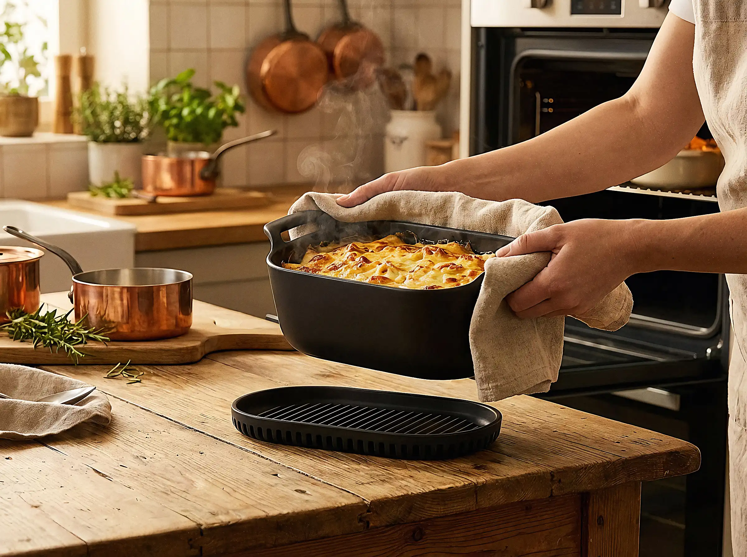sfeerbeeld waarbij we de casserole inklikken in het onderstel