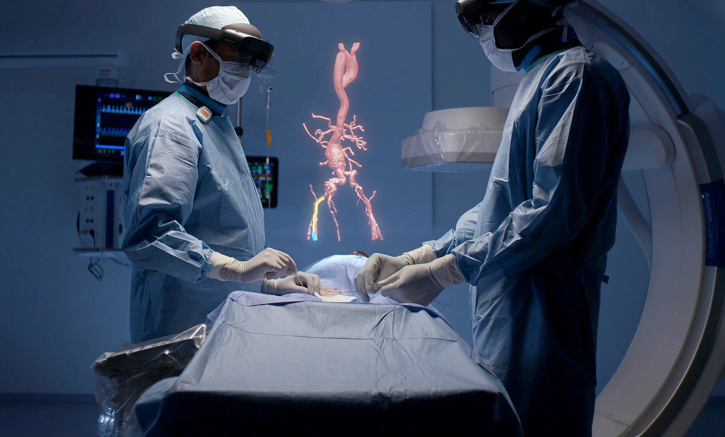 Two surgeons wearing mixed reality headsets view a 3D holographic vascular anatomy model during a procedure, demonstrating MR-assisted surgical planning in the operating room.