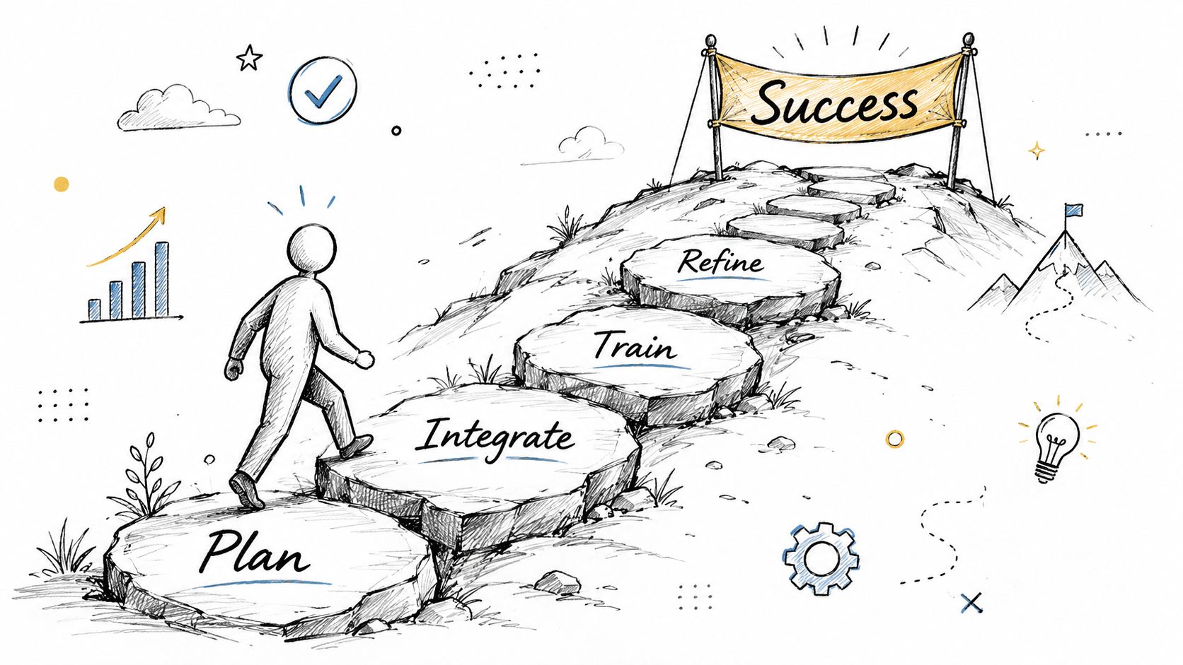 A line-art illustration showing a person climbing stone steps labeled Plan, Integrate, Train, and Refine towards Success.