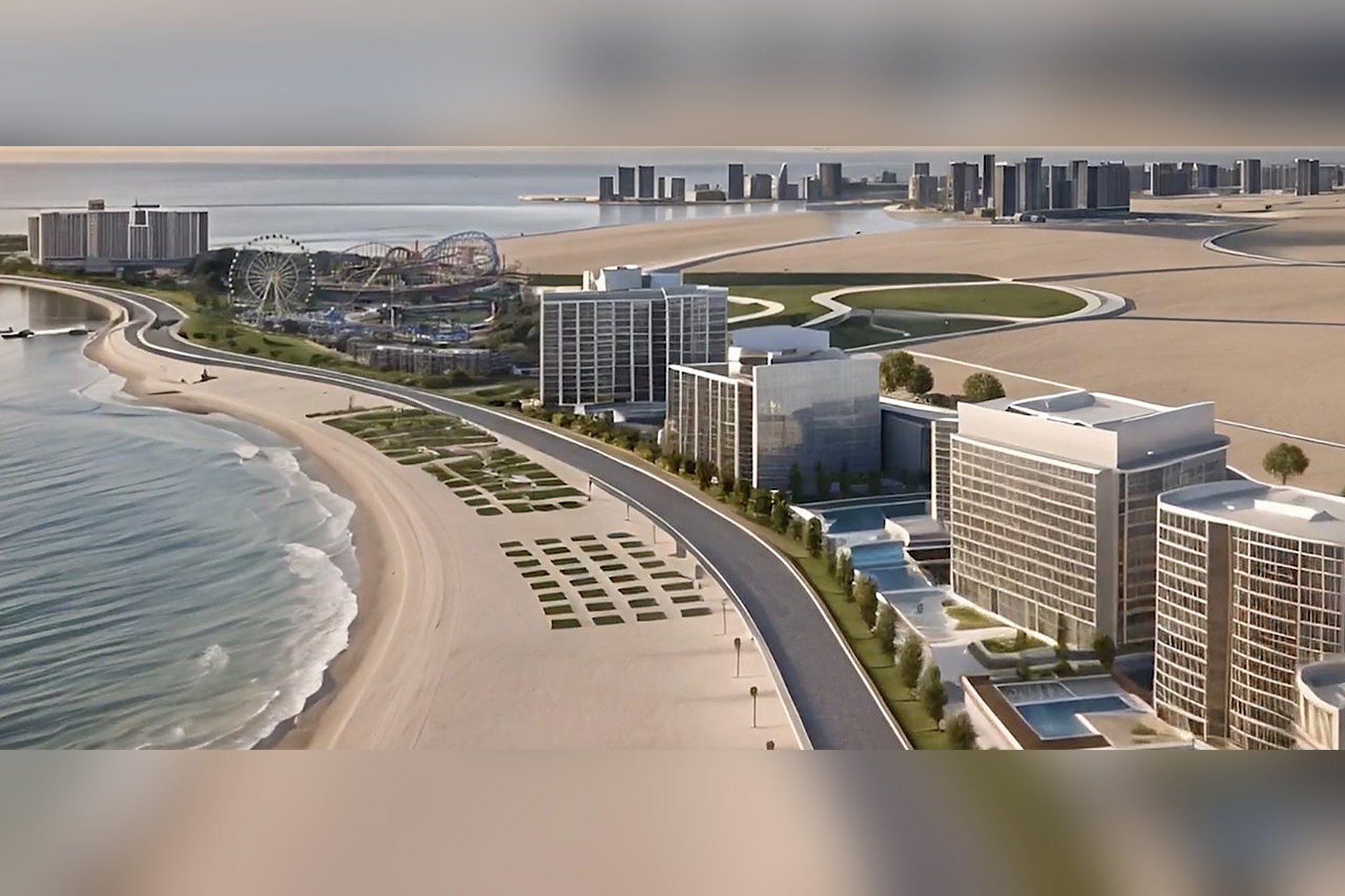 La plage de Simaisma en image de synthèse, avec la promenade, les hôtels et la grande roue du parc d'attractions au bord de la mer, sur la côte est du Qatar