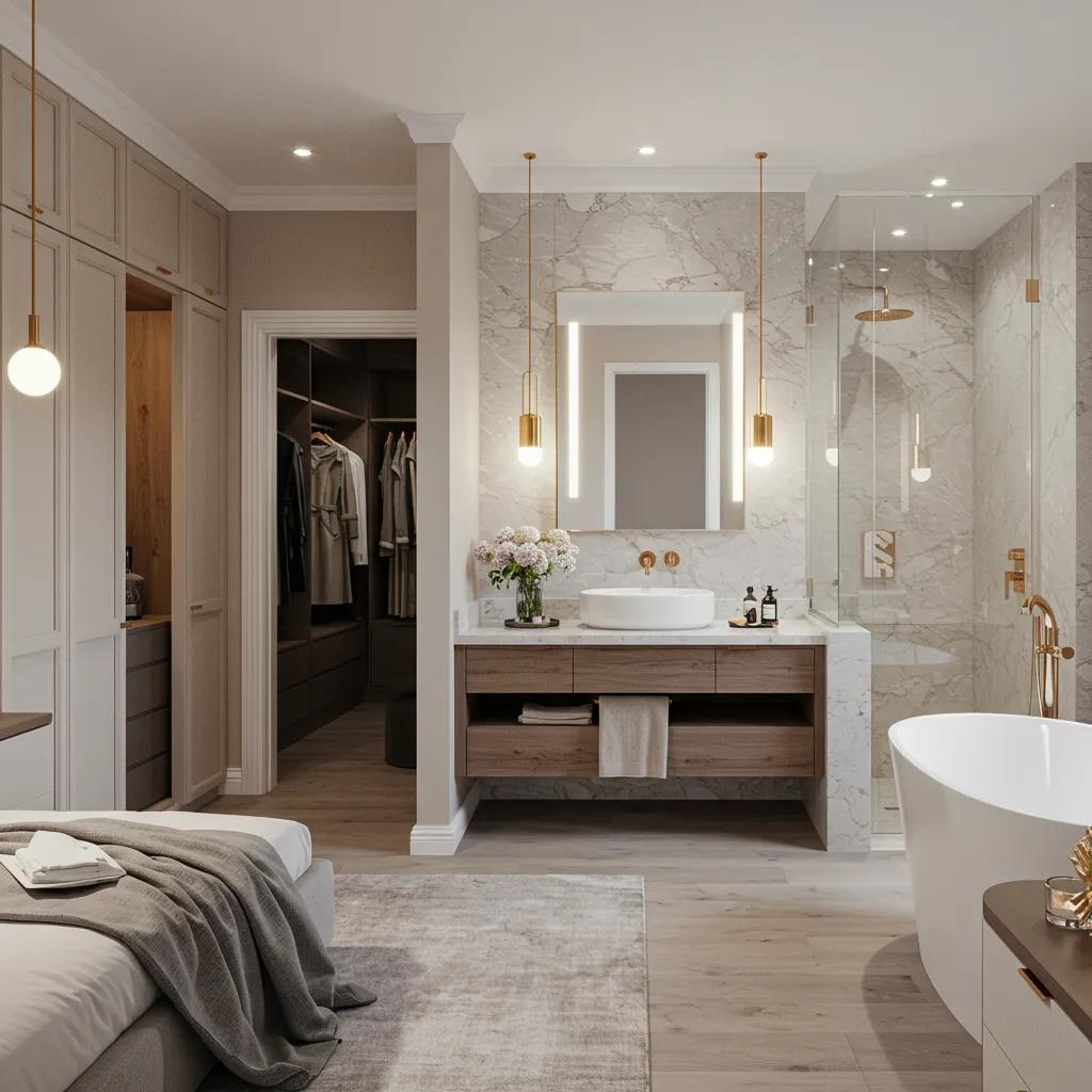 Elegant modern master suite showcasing spacious design and luxurious features, emphasizing comfort and style