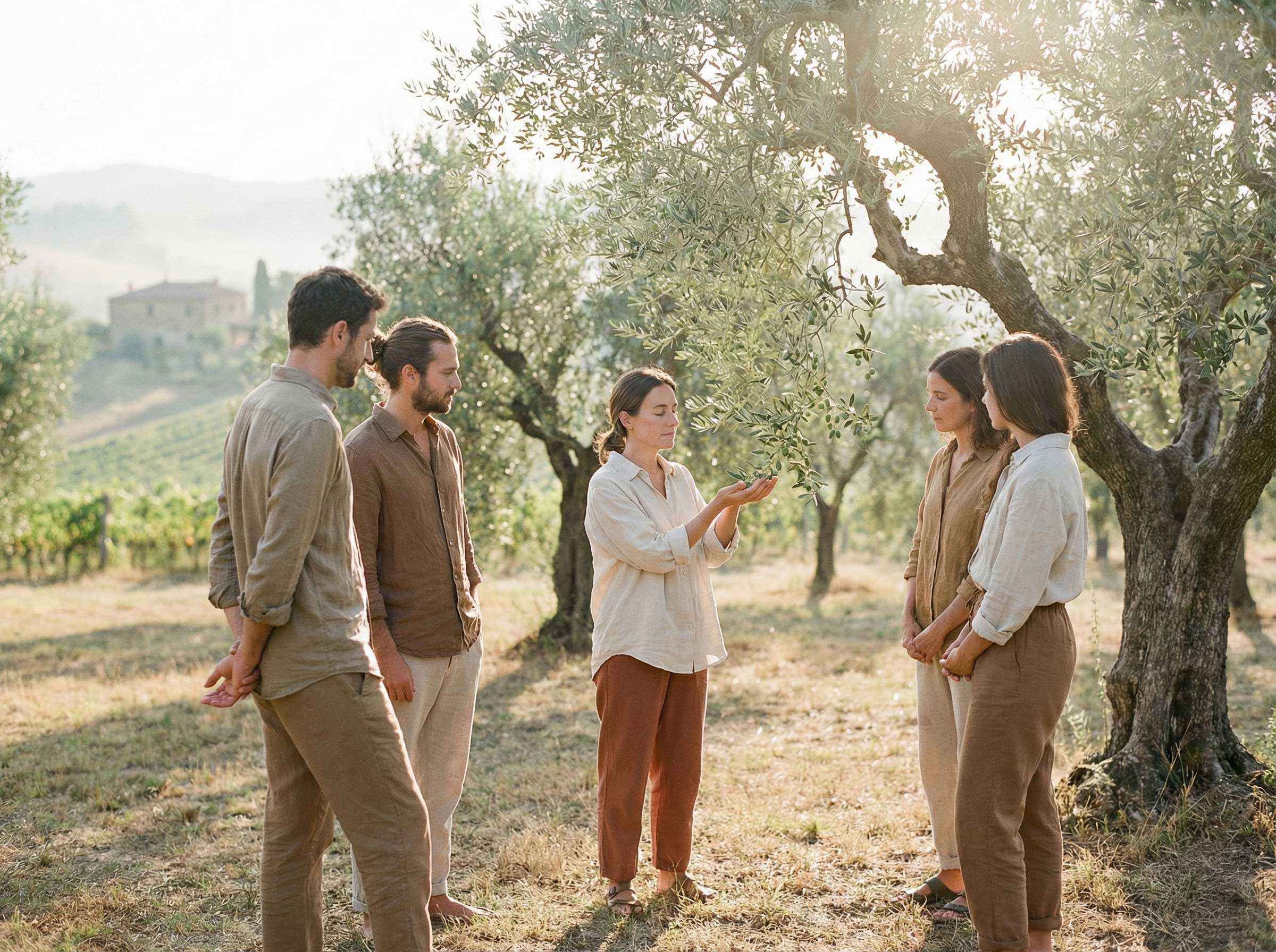 A group of people stand under olive trees, engaged in conversation, in a sunlit orchard with a distant farmhouse visible, illustrating a serene countryside gathering.