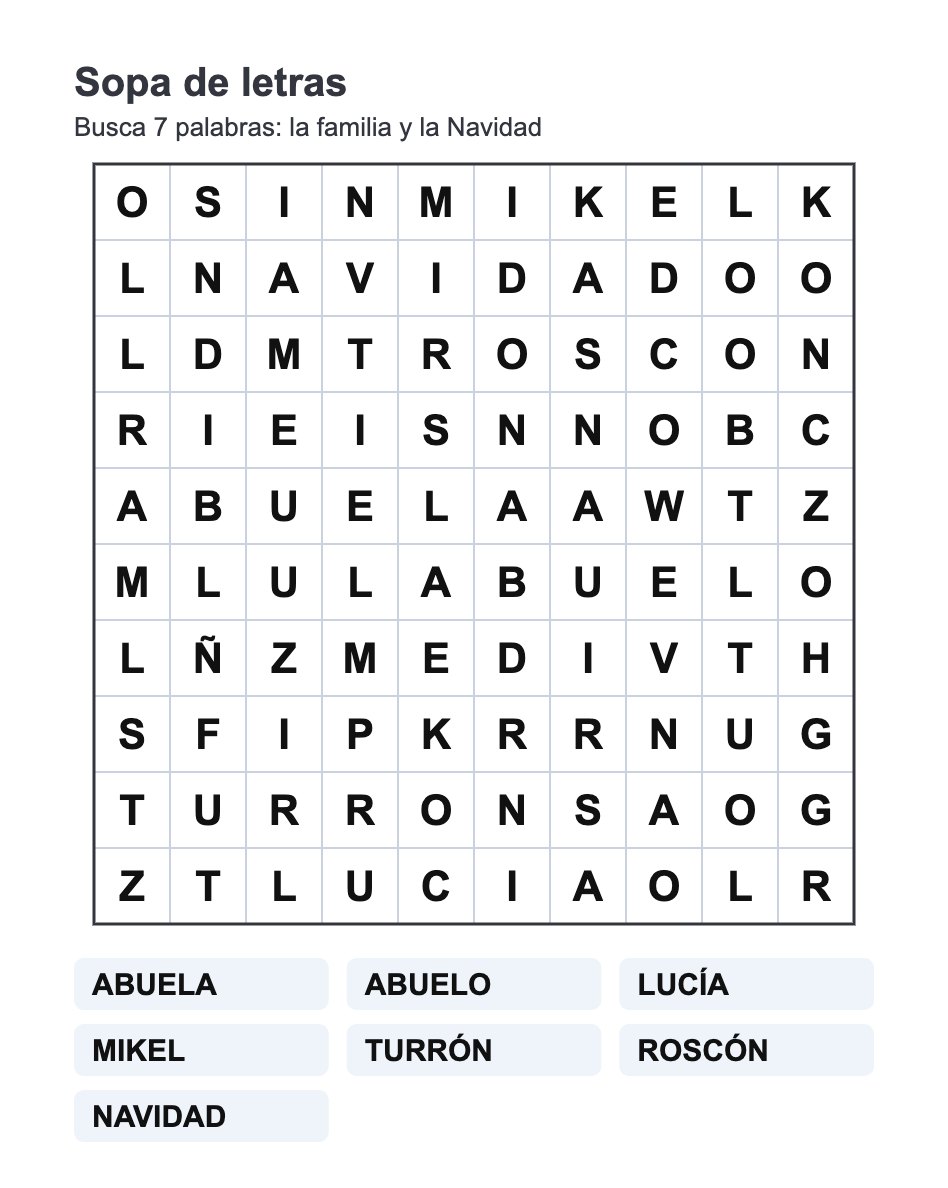 Sopa de letras en letra grande, nivel fácil de 10 × 10 letras, con las palabras abuela, abuelo, Lucía, Mikel, turrón, roscón y Navidad