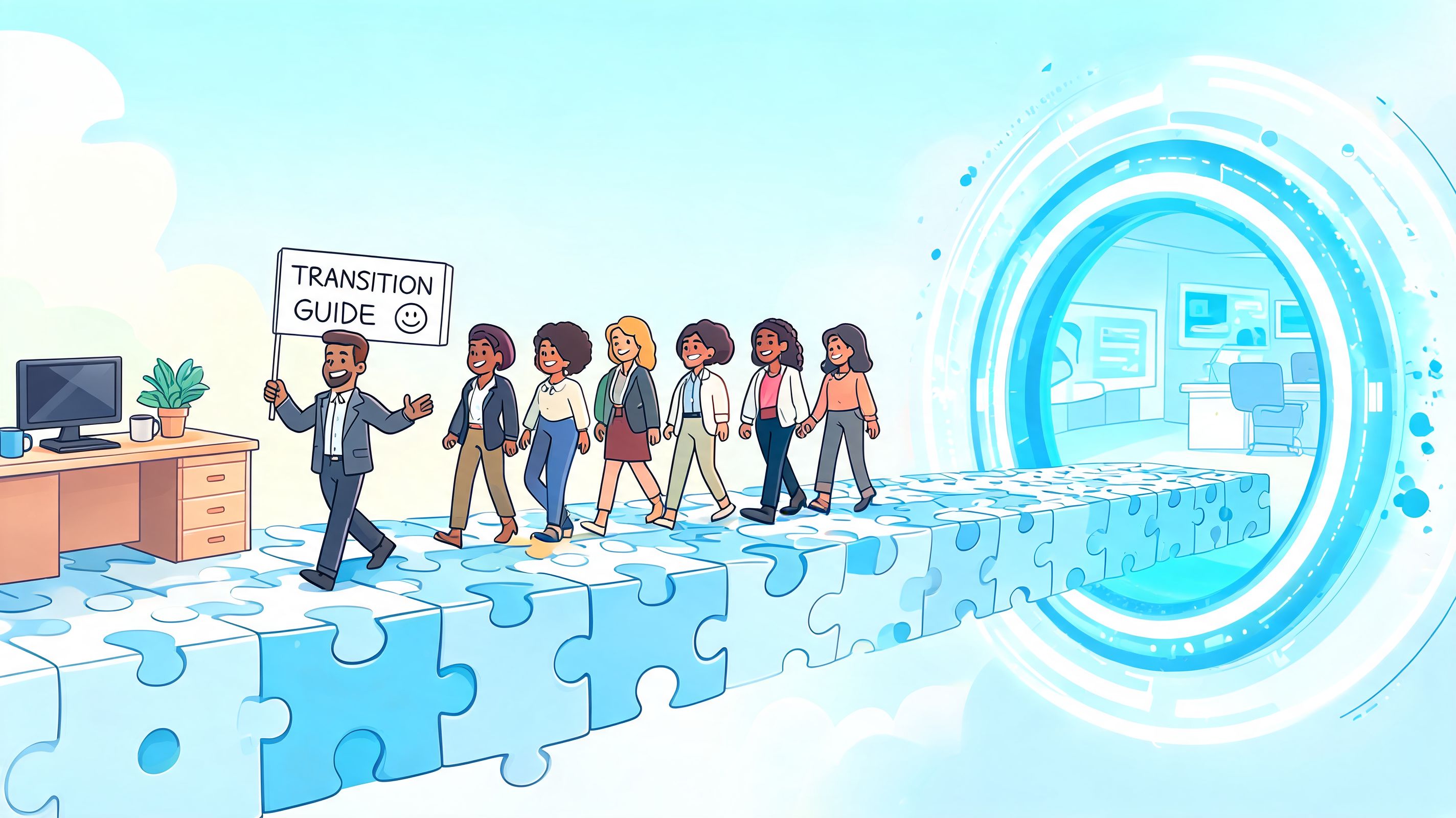 A professional guide leading a group of new employees across a puzzle bridge into a virtual office.