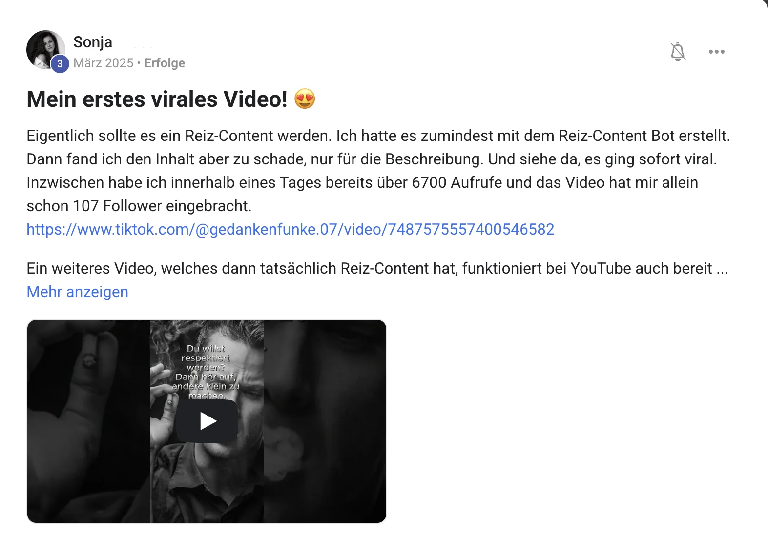 Erfahrungsbericht KI Creator Akademie: Sonjas erstes virales TikTok-Video bringt 107 neue Follower