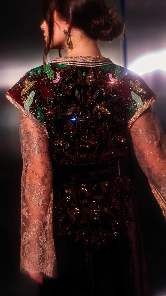 Umber Velour Moroccan caftan with intricate handmade detailing, luxury evening couture piece for Bahrain