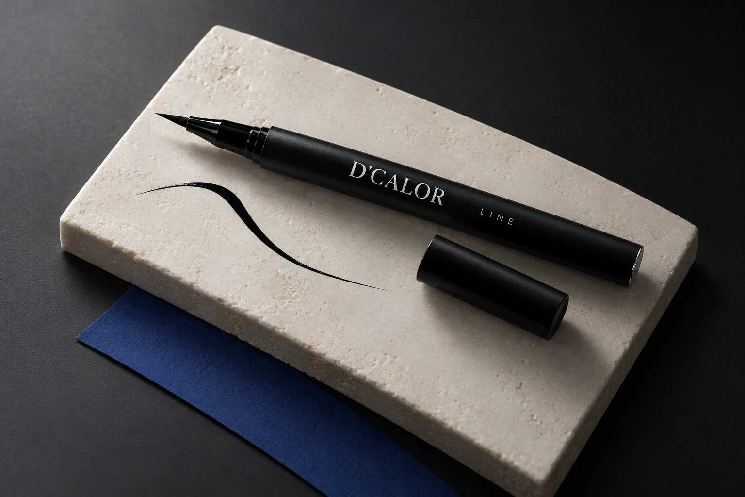 Black LINE eyeliner and a fine curved ink stroke on an ivory slab above a blue sheet