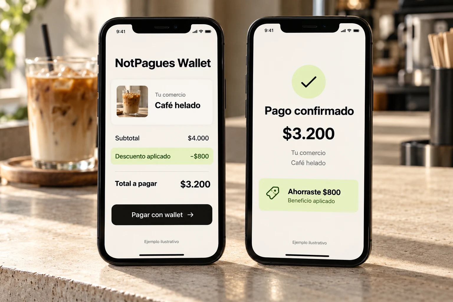 Demostración de NotPagues Wallet: subtotal de ejemplo de $4.000, descuento de $800 y total de $3.200. Pago ilustrativo, no real.