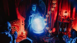 A fortune teller stares into a glowing blue orb in Come Alive! The Greatest Showman Circus Spectacular at purpose built big top theatre in London