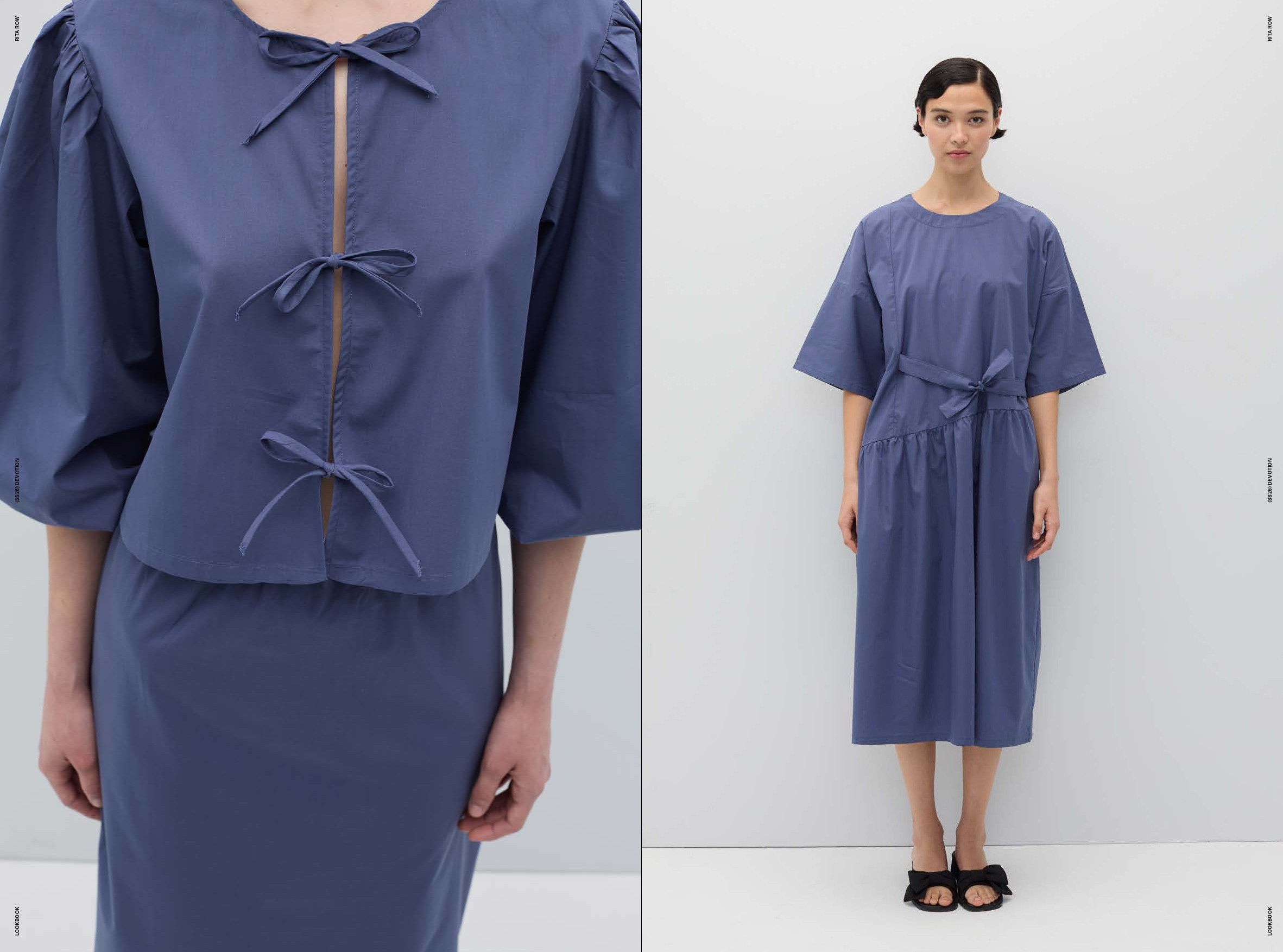 Dans le lookbook Rita Row ss26, la mannequin porte un top àlacets et une robe de la même couleur en popeline de coton