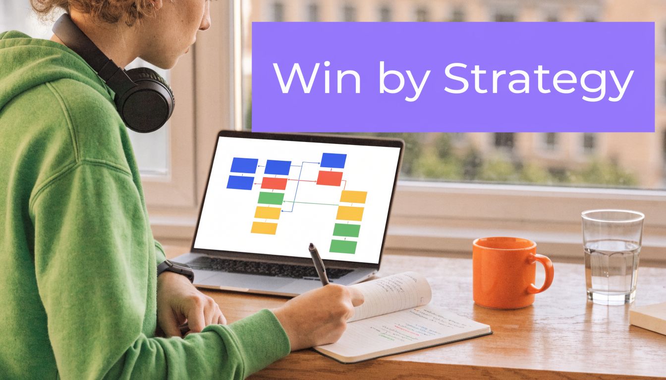 A student wearing headphones taking notes in a notebook while viewing a strategy chart on a laptop.