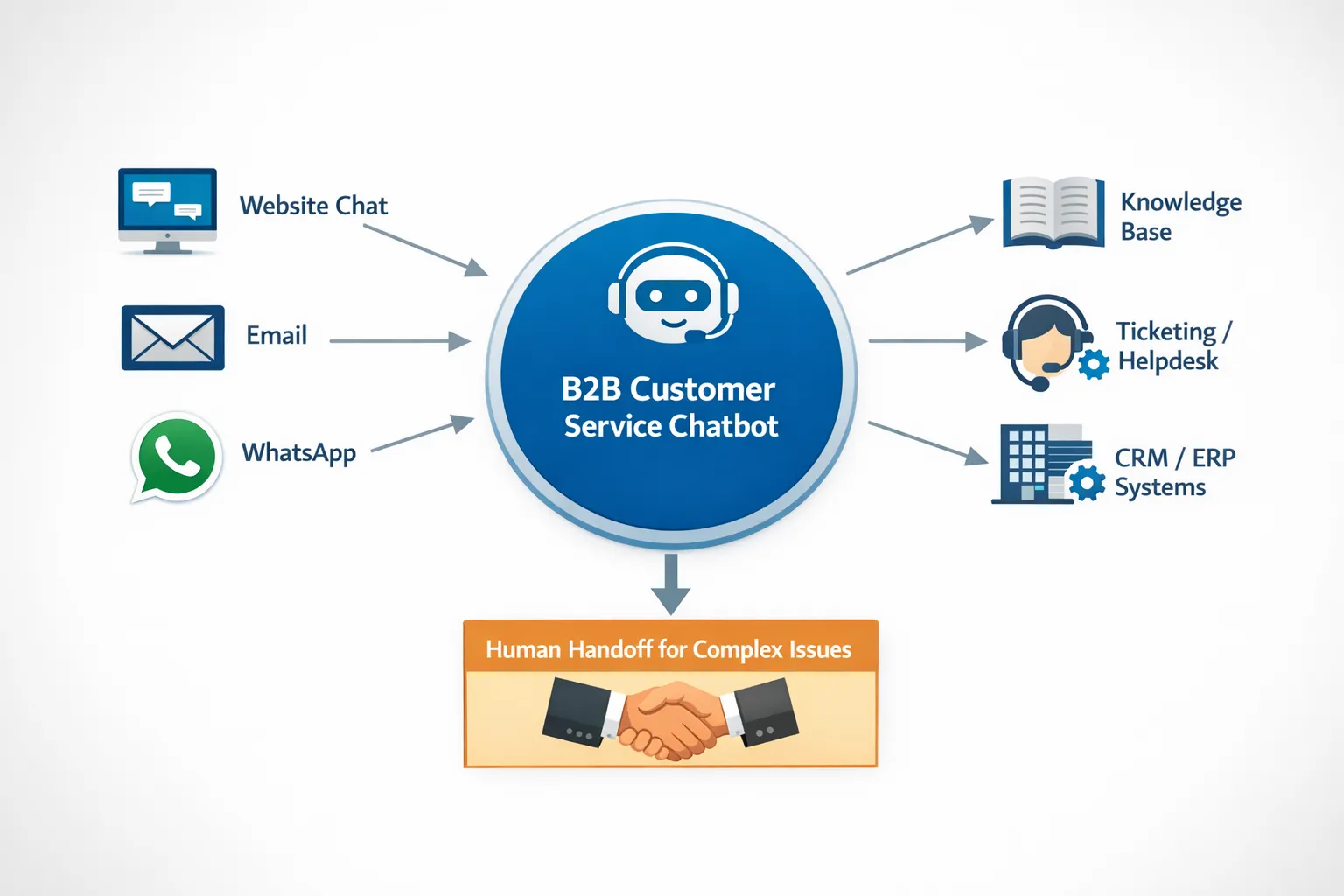 A simple system diagram showing a B2B customer service chatbot connected to multiple channels (website chat, email, WhatsApp), a knowledge base, ticketing/helpdesk, and CRM/ERP systems, with a clear human handoff step for complex cases.