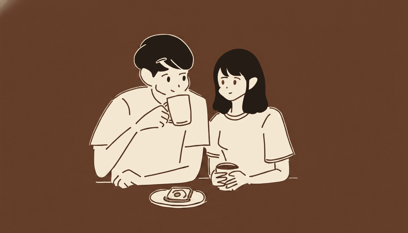 Illustration of two peoplw seating together, having a coffee date.