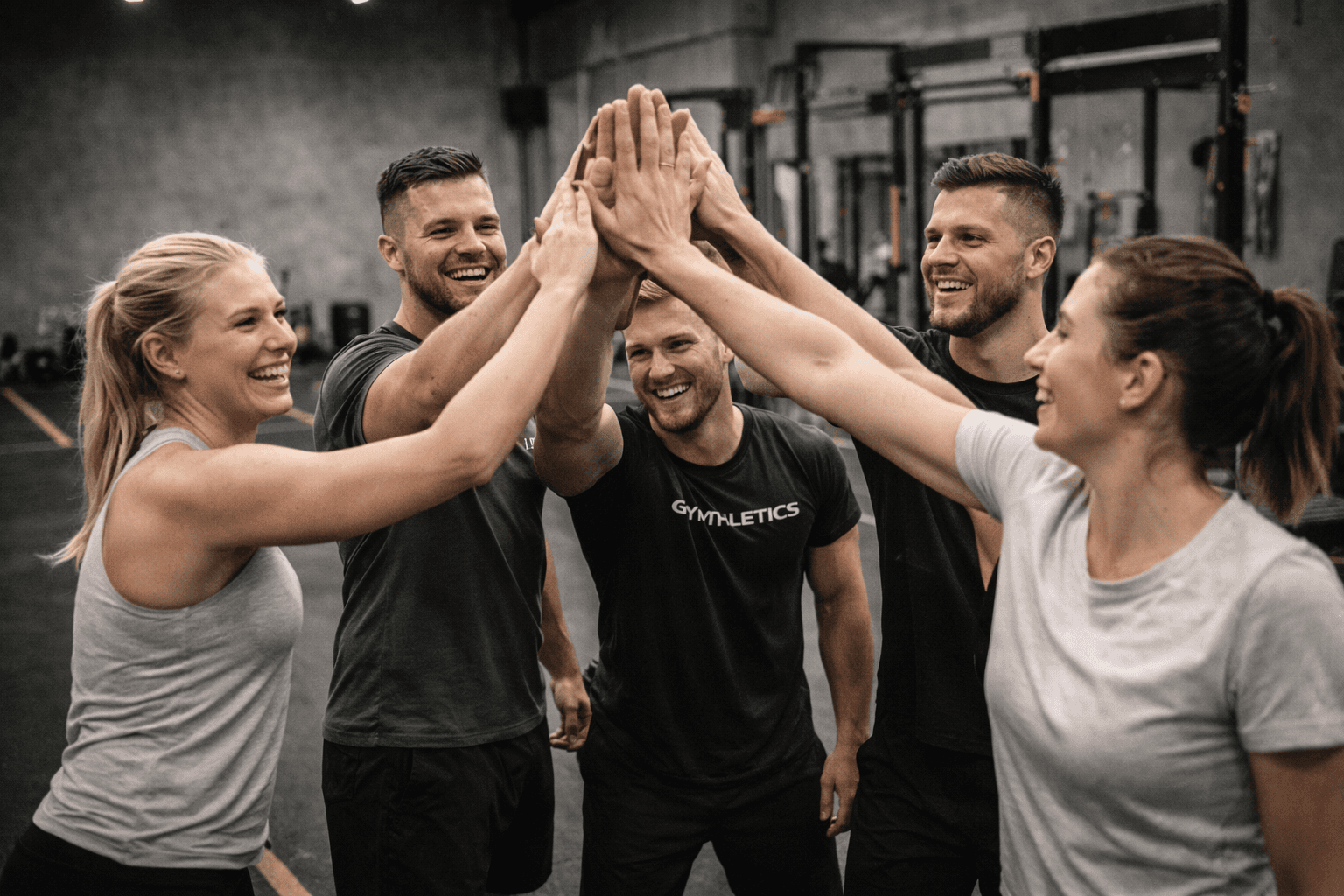 Energetic black and white image of two female athletes cheering and shouting during a fitness competition.