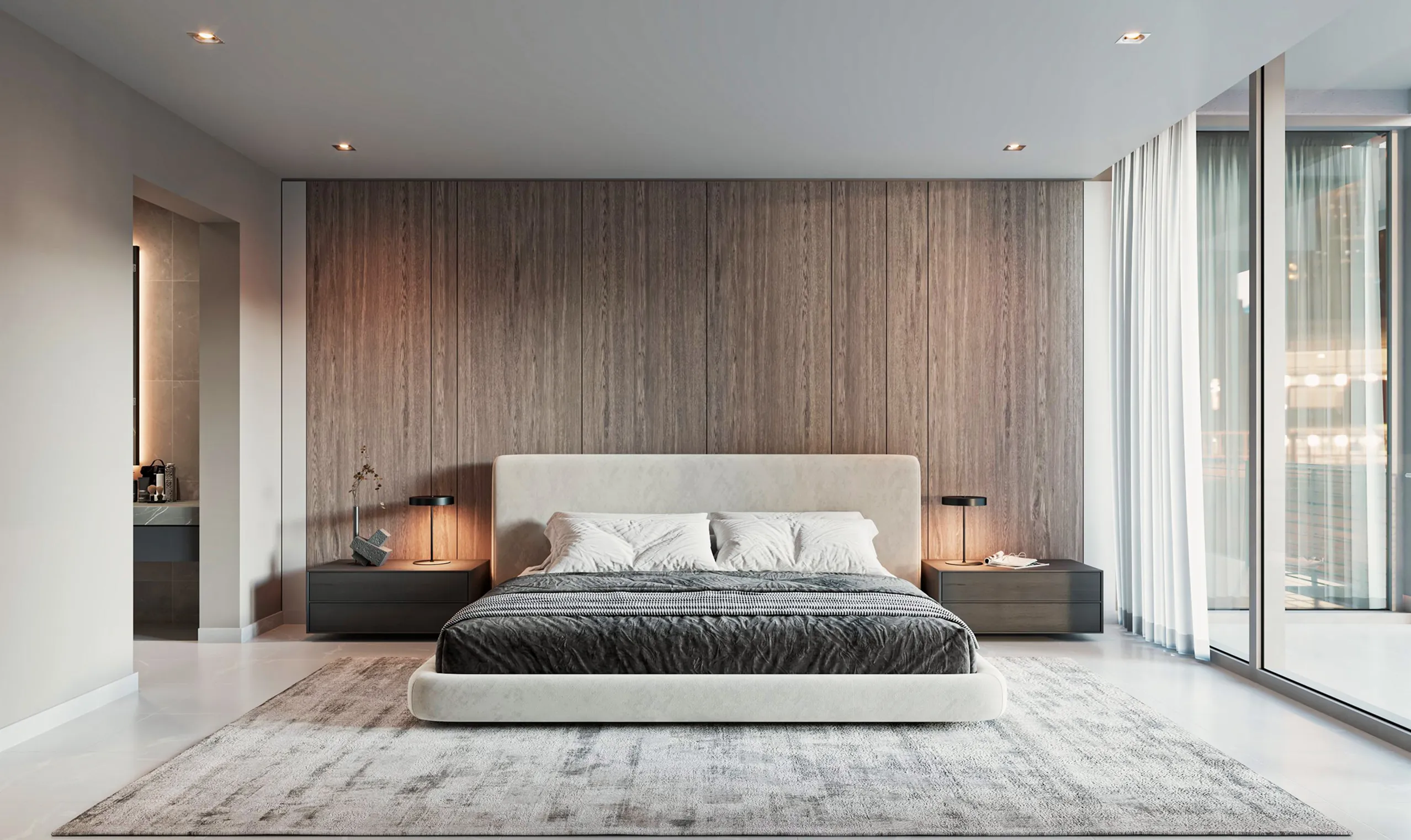 Modern bedroom featuring wood paneling and white walls, creating a clean and contemporary aesthetic.