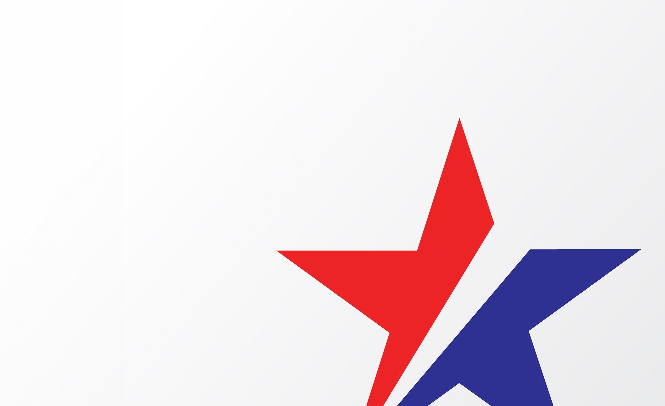 A stylized star with red and blue sections, featuring a white diagonal stripe, is positioned in the lower right corner against a light gray background.