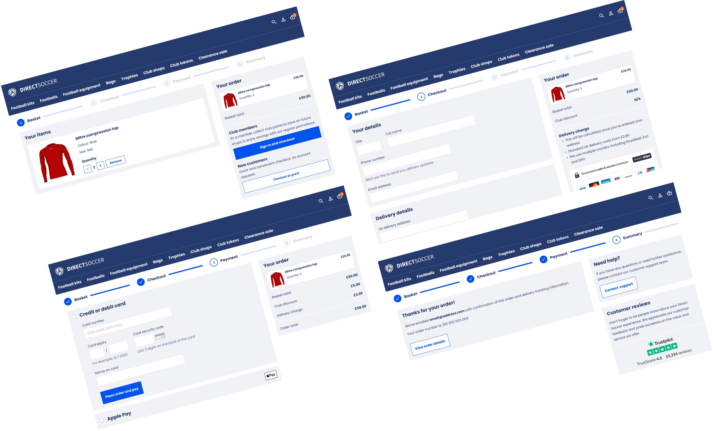 DirectSoccer checkout flow screens