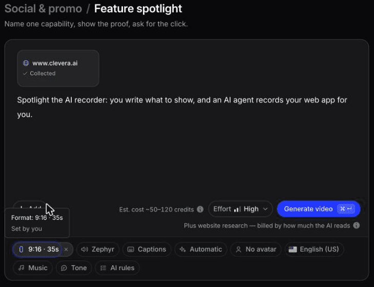 Clevera's Feature spotlight prompt with www.clevera.ai collected, a one-line brief and the Format chip set to 9:16, 35 seconds