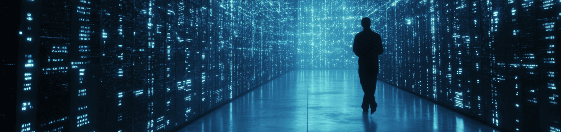 Header Image of a man walking between a wall of computer servers, represent edYOU