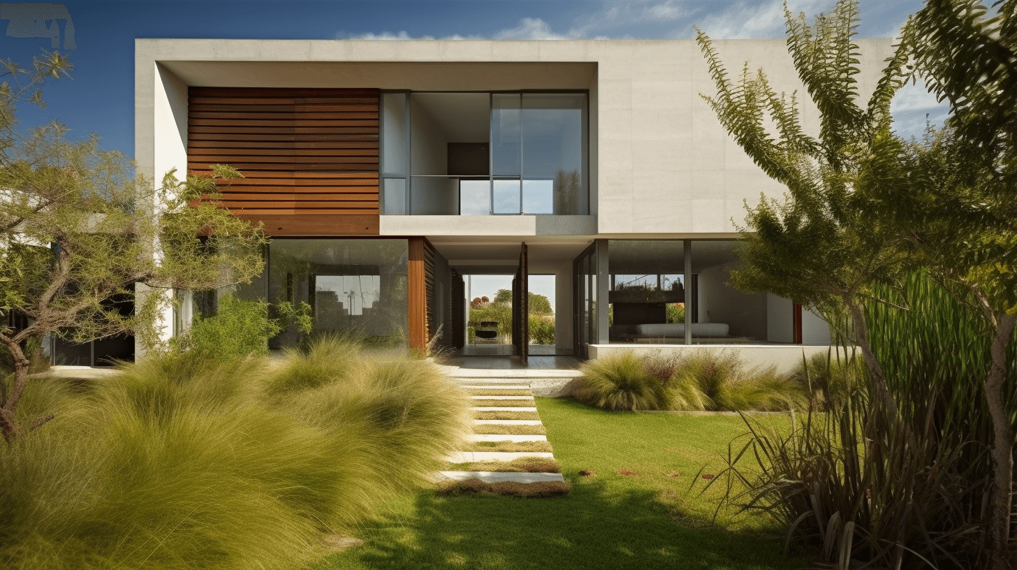 Contemporary concrete and wood home with glass balcony set in natural landscaping with ornamental grasses
