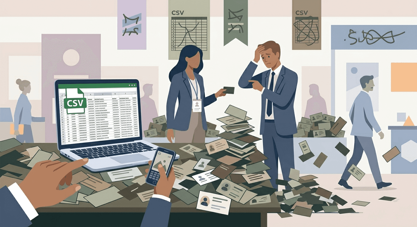 Disorganized lead capture with business cards, photos, and unused CSV causing missed follow-ups